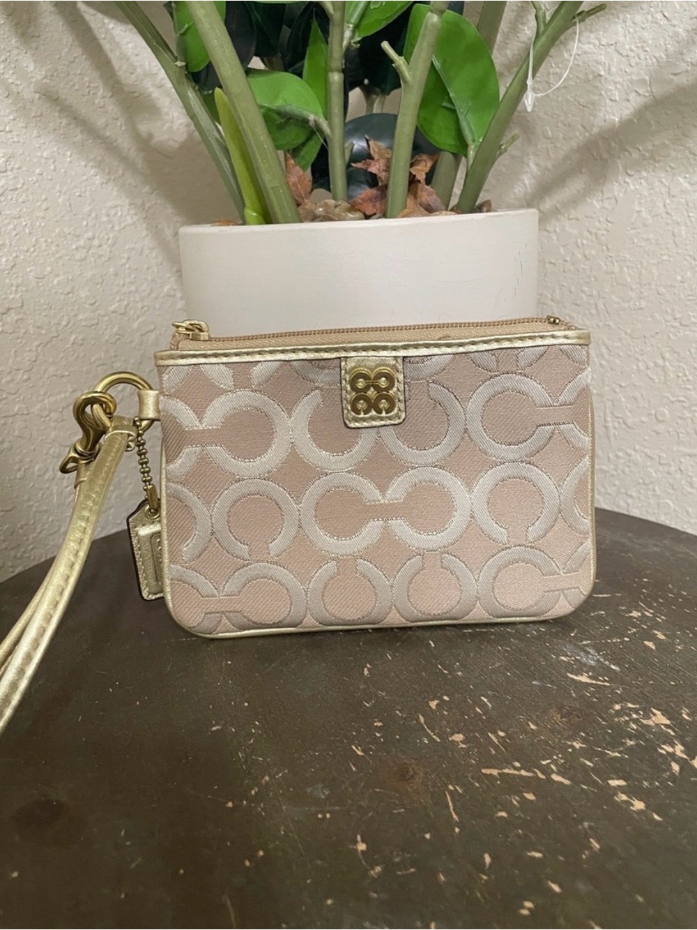 Coach OP Art Beige & Gold Wristlet Pouch